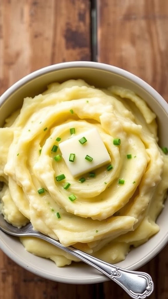 Creamy mashed new potatoes in a bowl, garnished with chives and butter, on a rustic wooden table.